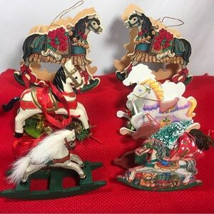 Vintage 3D Wood Rocking Horse Christmas Ornaments  - Lot Of 6 Wooden